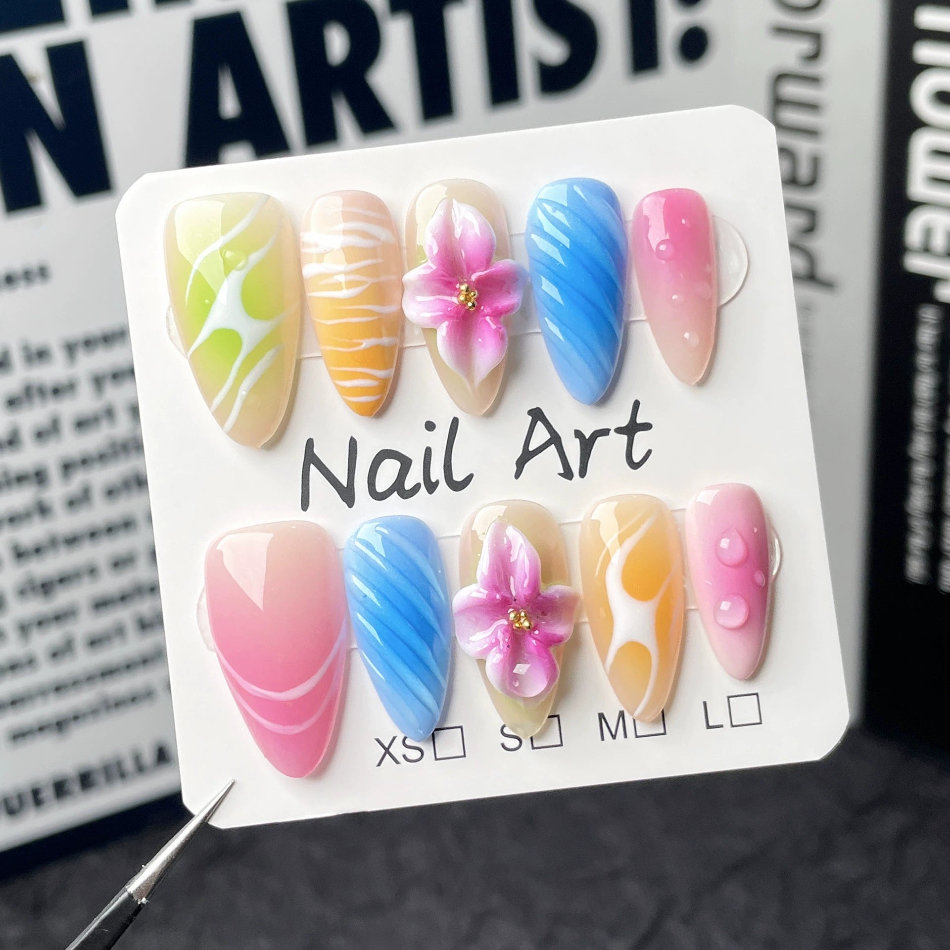 Pink Yellow Blue Green Gradient Press-On Nails | 3D Flower & Spiral Design | Spring Sweet Girl Nail Art for Picnic & Casual Outing