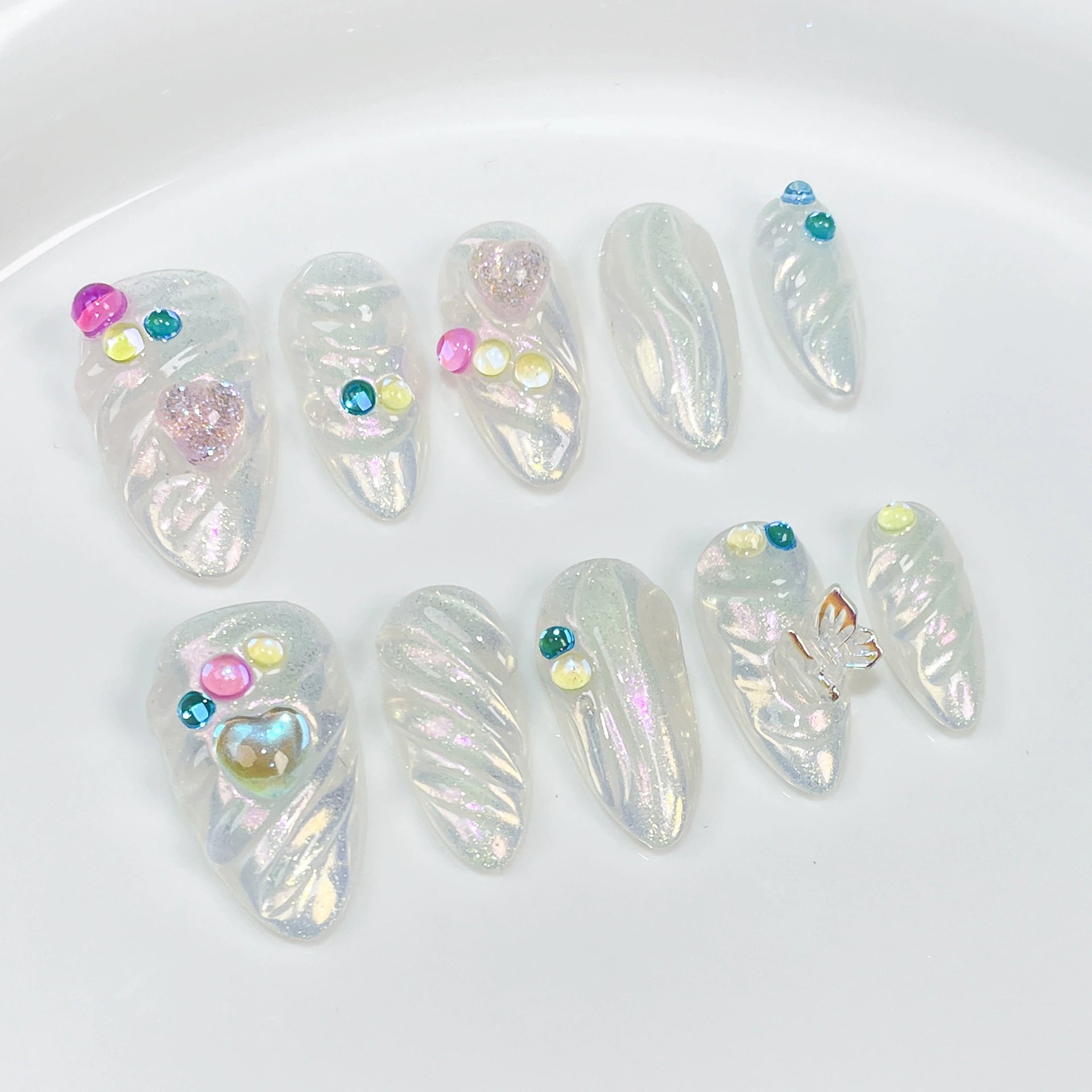 Aurora Fairy Iridescent Press-On Nails | 3D Butterfly Heart Glitter Nail Art | Wedding Party Nails
