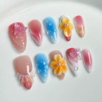 3D Summer Butterfly Shell Press-On Nails | Gradient Pink Blue Floral Nail Art with Pearls | Romantic Nails for Beach & Garden Party