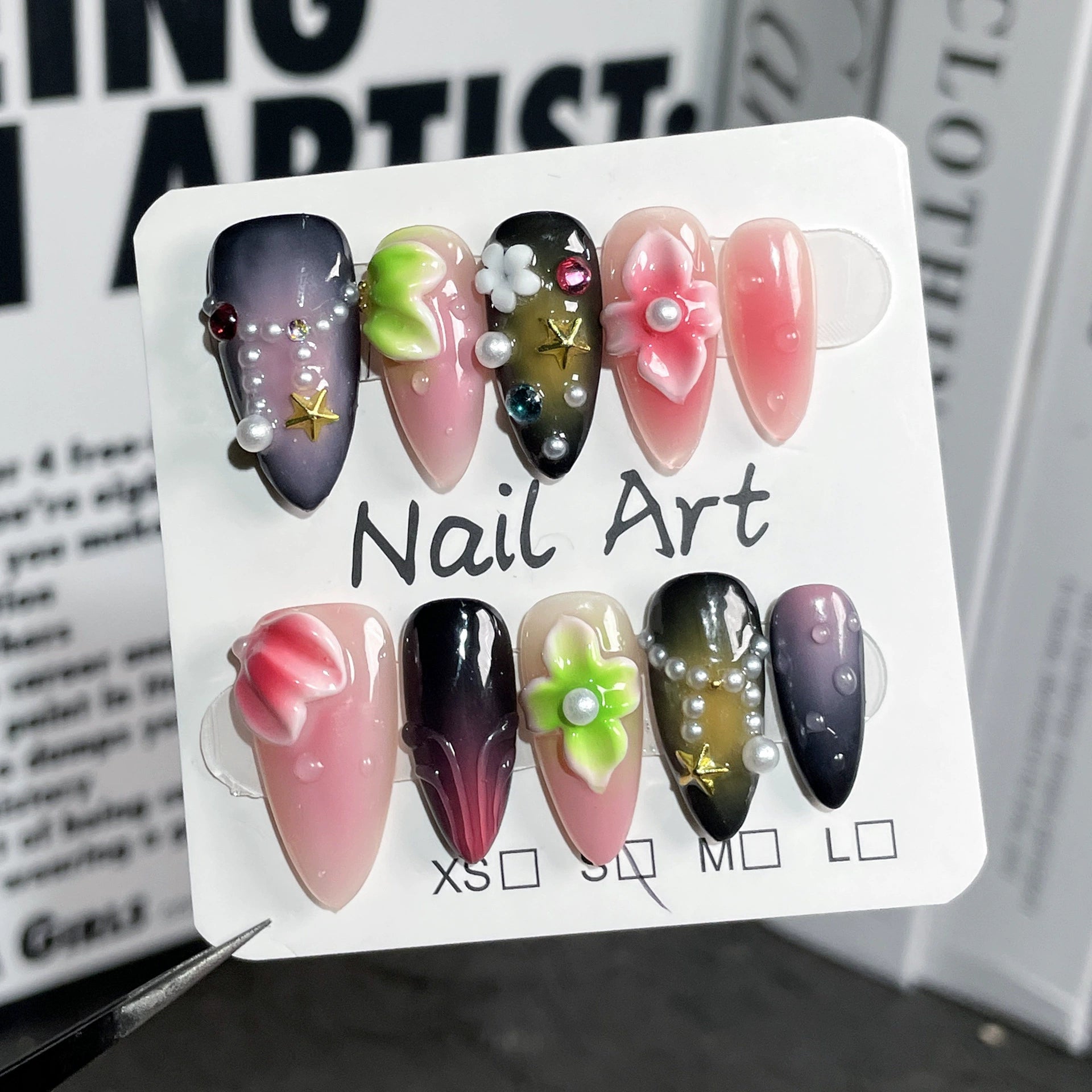 3D Mystic Gradient Press-On Nails | Vintage Floral Nail Art with Pearls & Rhinestones | Dreamy Nails for Art Exhibition & Party