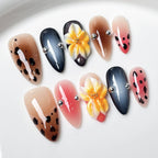 Wild Bloom Leopard - Gradient Press-On Nails | 3D Trendy Nail Art for Party & Night Out | Leopard Print Nails with Yellow Flower & Gold Bead Accents