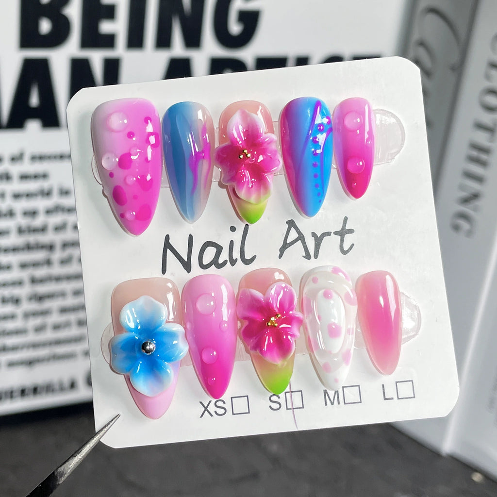 Handmade Press On Nails Collection: Pastel Fantasy & Iridescent Dreams - Unique 3D Flower, Swirl & Pearl Designs for Trendy Nails