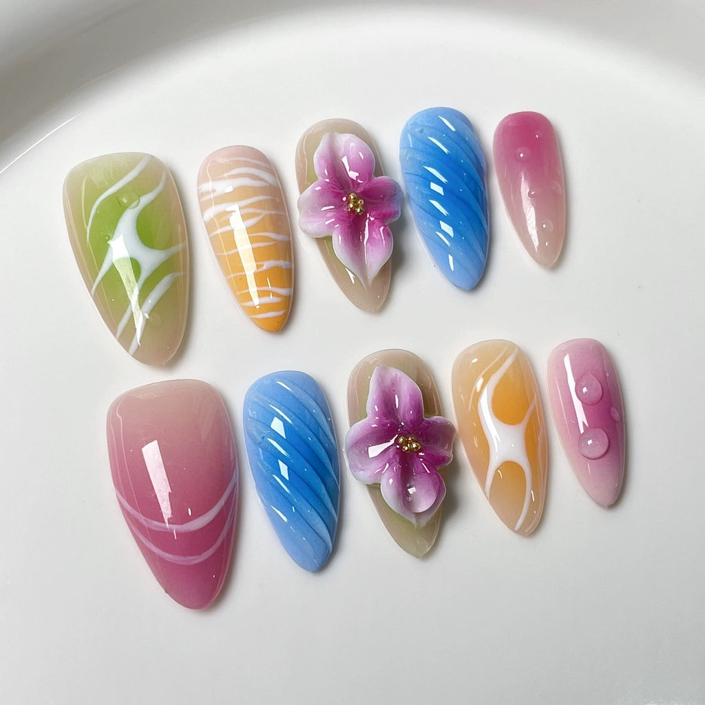 Pink Yellow Blue Green Gradient Press-On Nails | 3D Flower & Spiral Design | Spring Sweet Girl Nail Art for Picnic & Casual Outing