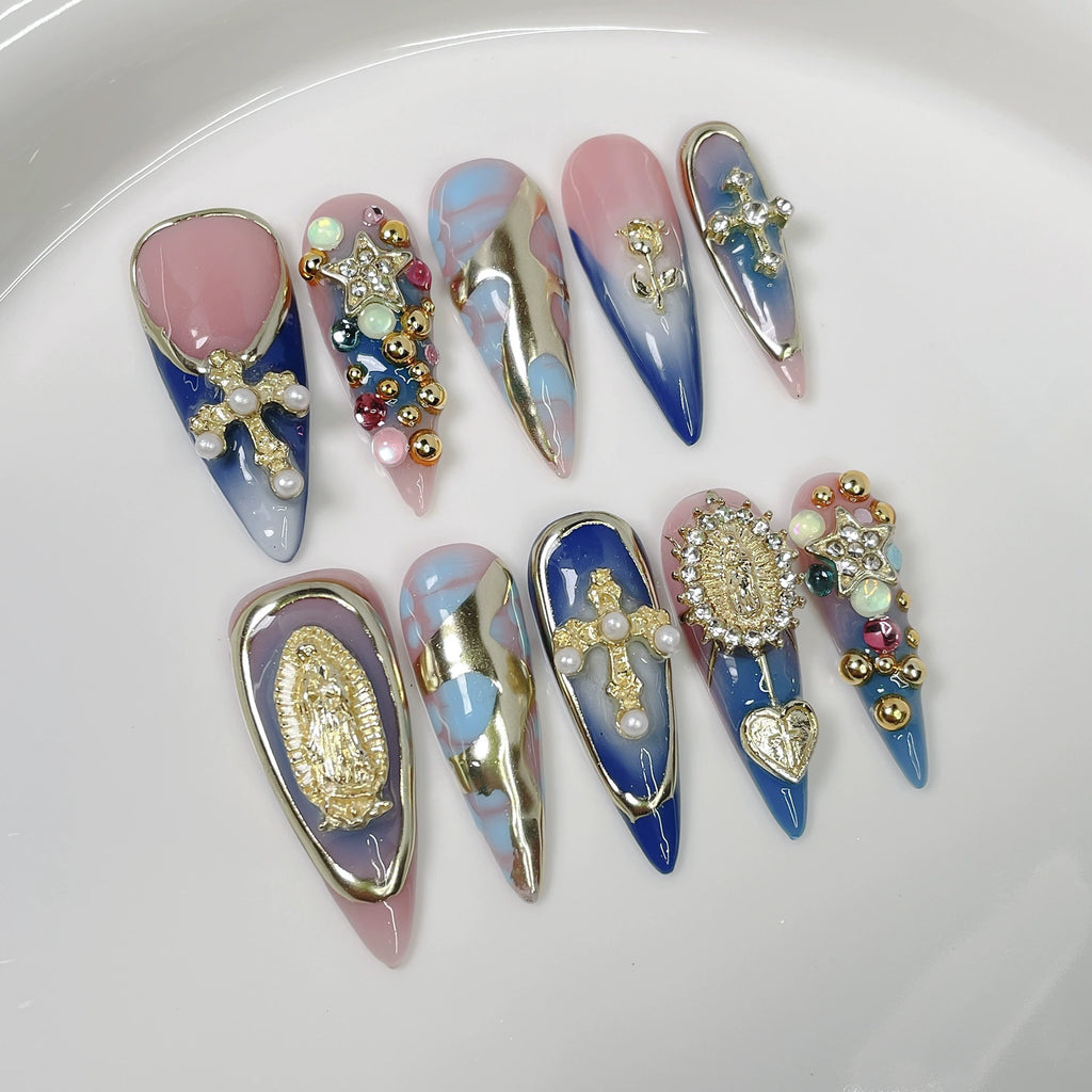 Pink Blue Gradient Nails with Gold Crosses & Madonna Charms | Sweet Luxurious Press-On Nail Art for Weddings & Christmas
