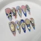 Pink Blue Gradient Nails with Gold Crosses & Madonna Charms | Sweet Luxurious Press-On Nail Art for Weddings & Christmas