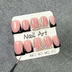 Pink Black Ombre Press-On Nails | Rhinestone Frame & White Flower Design | Elegant Sweet Cool Nail Art