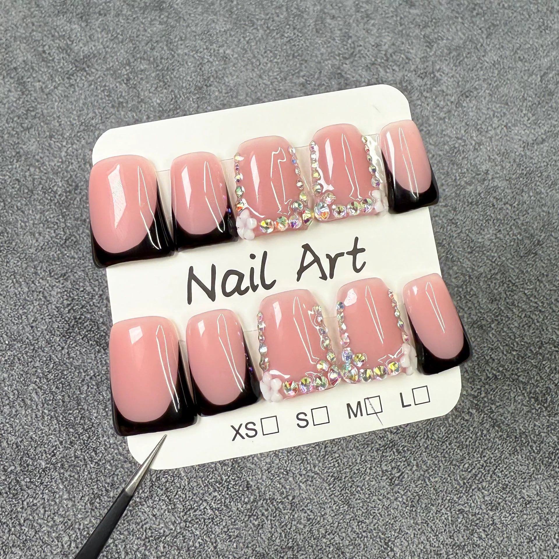 Pink Black Ombre Press-On Nails | Rhinestone Frame & White Flower Design | Elegant Sweet Cool Nail Art
