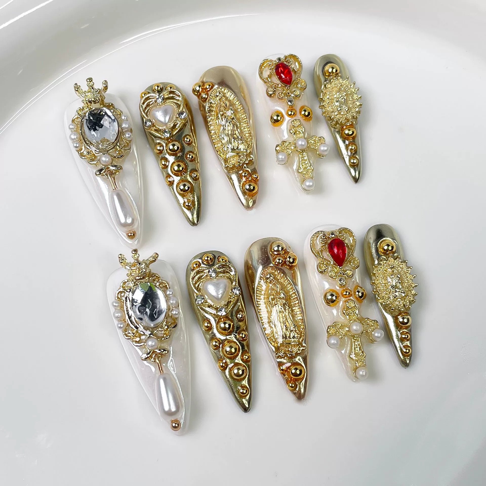 White Gold Luxury Nails with Cross & Madonna Charms | Regal Press-On Nail Art for Weddings, Christmas & Easter