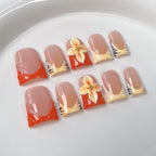 Nude Pink Orange Press-On Nails with 3D Flowers, Zebra Print & Pearl Design | Vintage Artistic Nail Art
