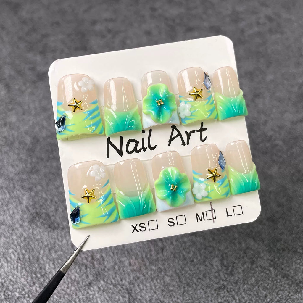 Ocean Gradient Press-On Nails | 3D Green Flowers & Gold Starfish Nail Art with Blue Gems | Summer Beach, Festival & Art Party Nails