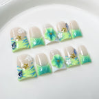 Ocean Gradient Press-On Nails | 3D Green Flowers & Gold Starfish Nail Art with Blue Gems | Summer Beach, Festival & Art Party Nails