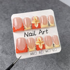 Nude Pink Orange Press-On Nails with 3D Flowers, Zebra Print & Pearl Design | Vintage Artistic Nail Art