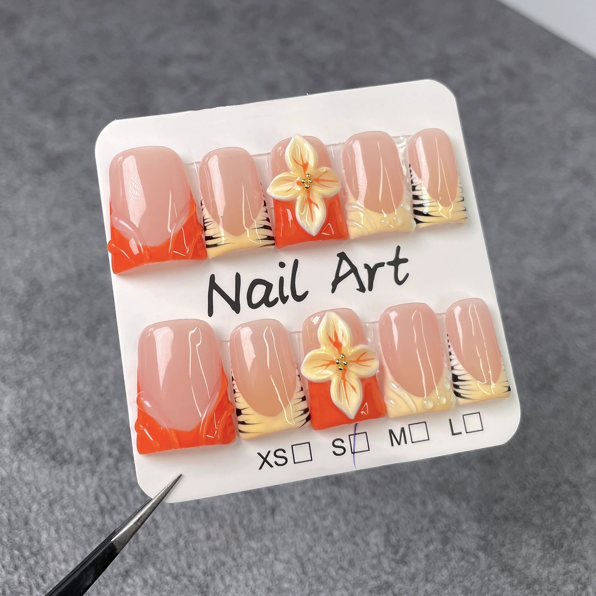 Nude Pink Orange Press-On Nails with 3D Flowers, Zebra Print & Pearl Design | Vintage Artistic Nail Art