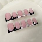 Pink Black Ombre Press-On Nails | Rhinestone Frame & White Flower Design | Elegant Sweet Cool Nail Art