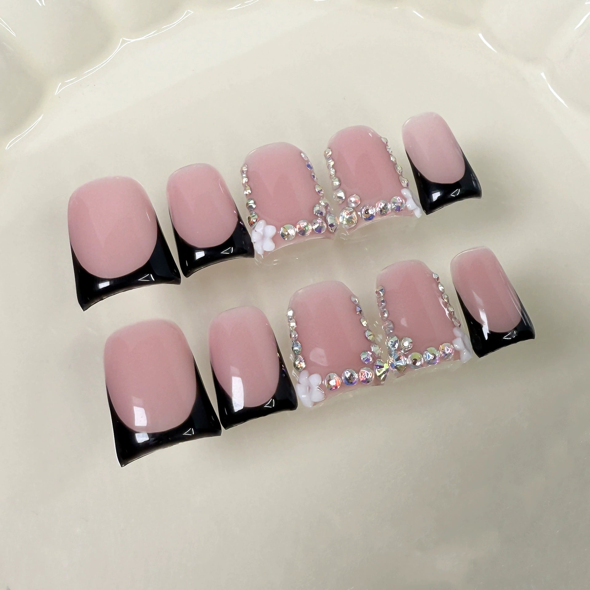 Pink Black Ombre Press-On Nails | Rhinestone Frame & White Flower Design | Elegant Sweet Cool Nail Art