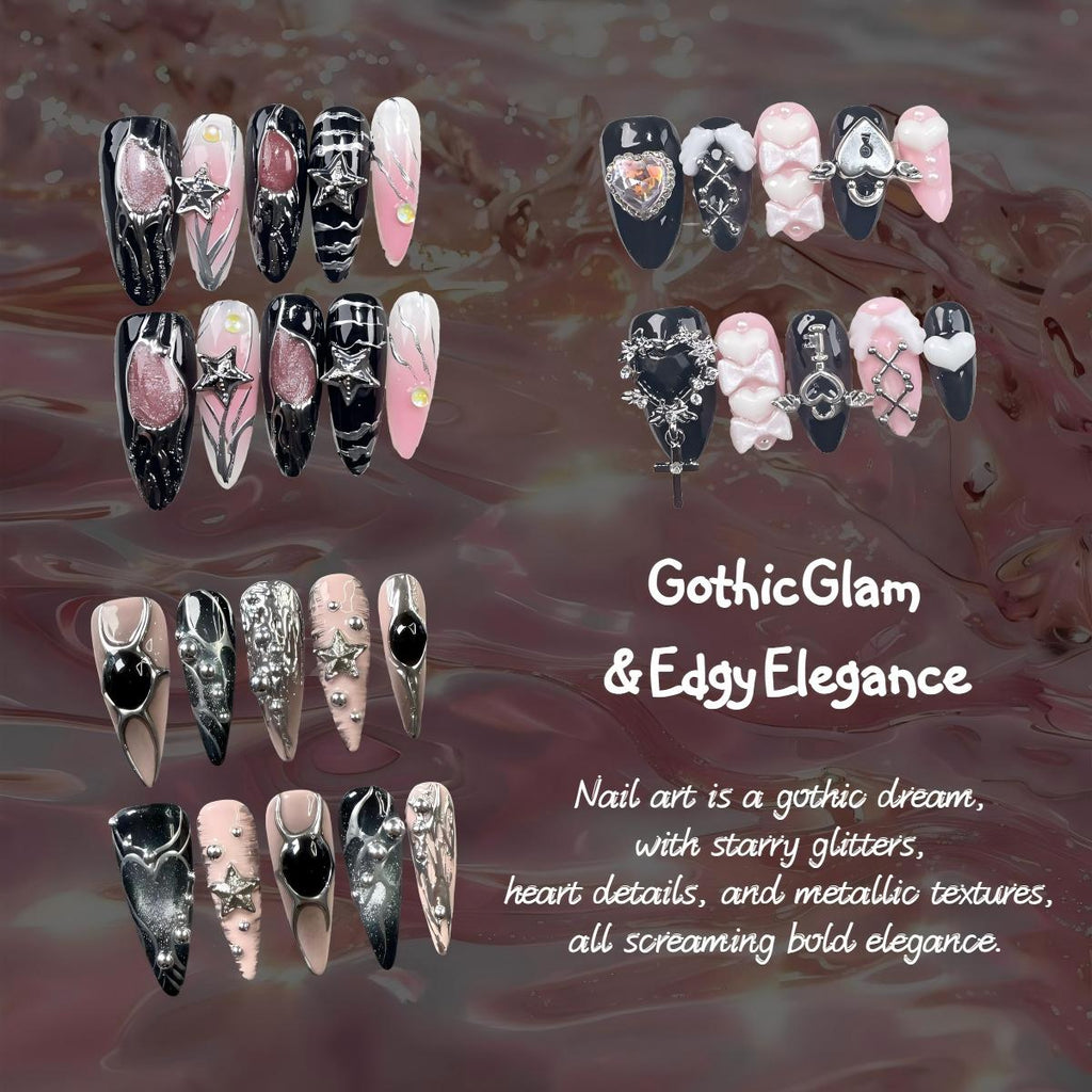 Gothic Glam & Edgy Elegance Press On Nails - Star, Heart & Metallic Statement Nail Sets for Bold Style