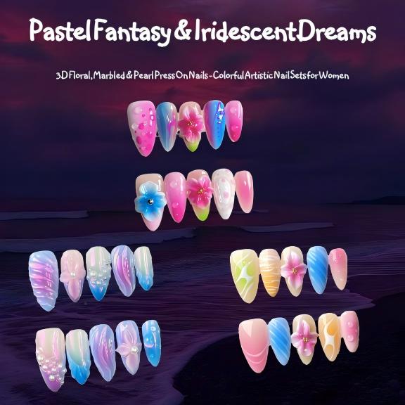 Handmade Press On Nails Collection: Pastel Fantasy & Iridescent Dreams - Unique 3D Flower, Swirl & Pearl Designs for Trendy Nails