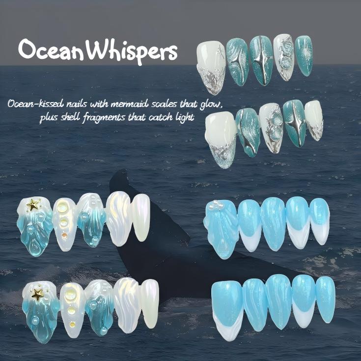 Ocean Whispers Nail Bundle 3 Sea-Inspired Press On Nail Sets - Mermaid Sparkle, Ocean Wave & Silver Coral Vibes