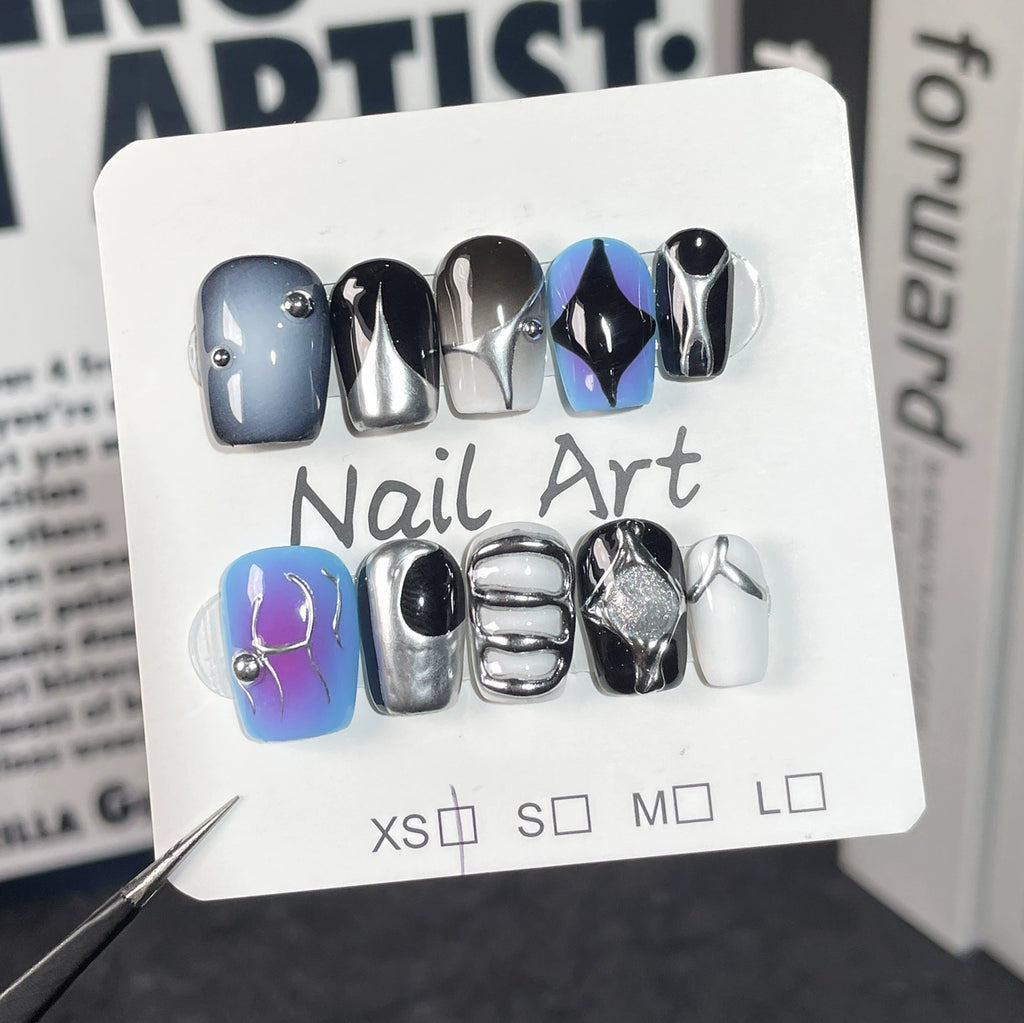 Black Silver Gradient Nails with Blue-Purple Accent & Metal Beads | Futuristic Press-On Nails for Cyberpunk, Tech Events & Party