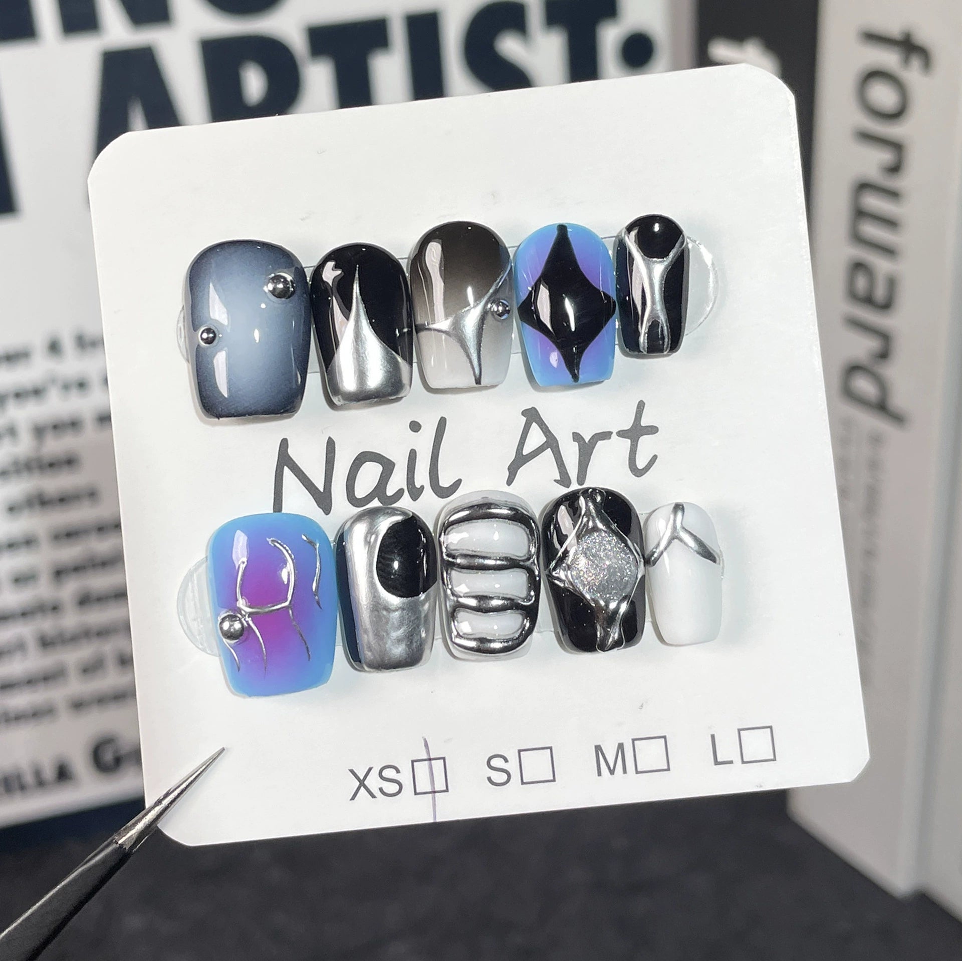 Black Silver Gradient Nails with Blue-Purple Accent & Metal Beads | Futuristic Press-On Nails for Cyberpunk, Tech Events & Party