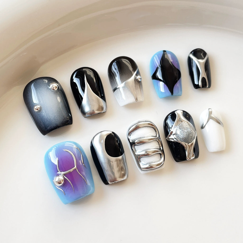 Black Silver Gradient Nails with Blue-Purple Accent & Metal Beads | Futuristic Press-On Nails for Cyberpunk, Tech Events & Party