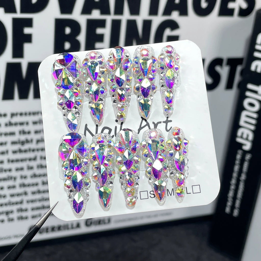 Crystal Rhinestone Press-On Nails | Full Diamond Luxury Nail Art with Multicolor Gems | Sparkly Party Nails for Red Carpet & New Year