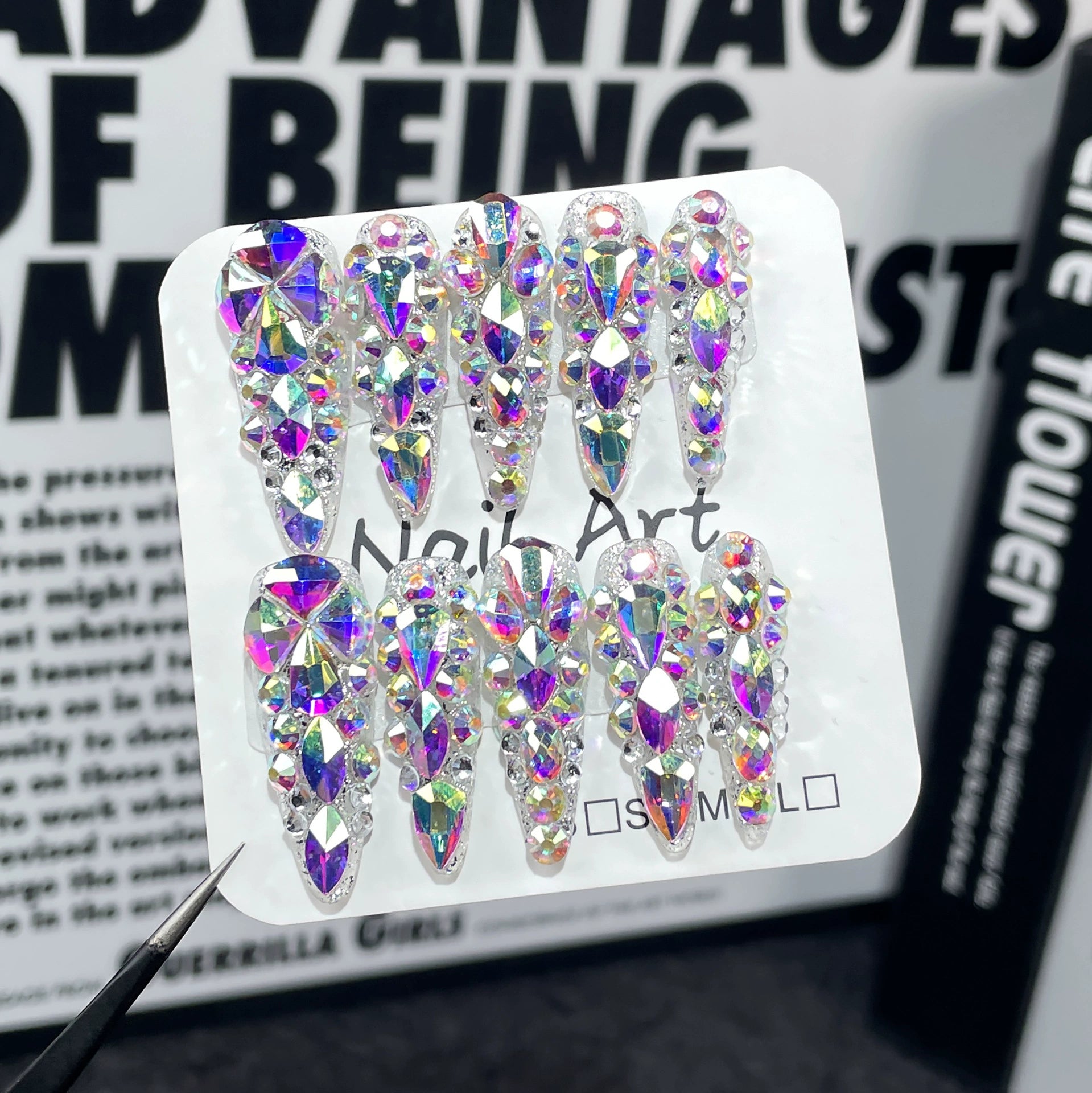 Crystal Rhinestone Press-On Nails | Full Diamond Luxury Nail Art with Multicolor Gems | Sparkly Party Nails for Red Carpet & New Year