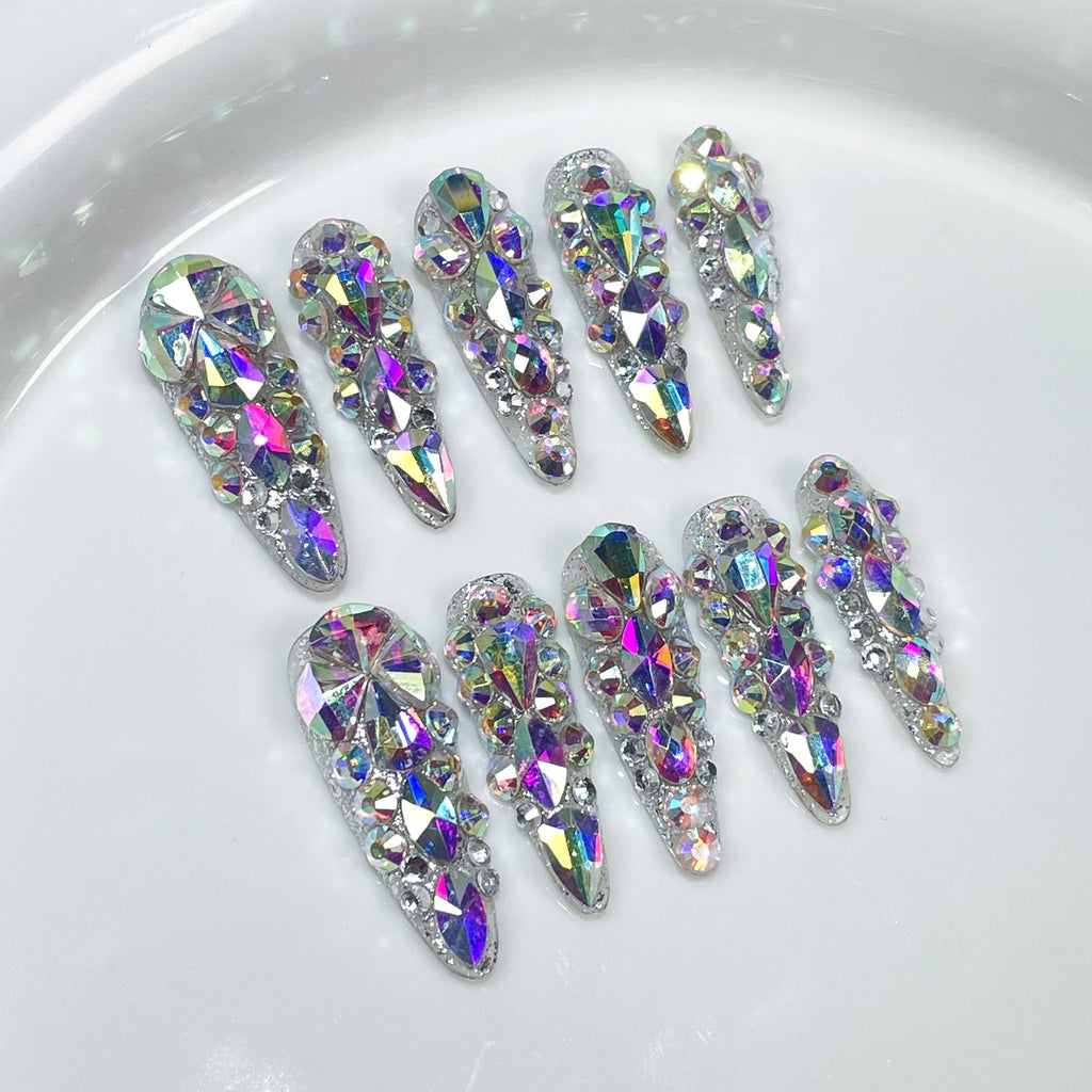 Crystal Rhinestone Press-On Nails | Full Diamond Luxury Nail Art with Multicolor Gems | Sparkly Party Nails for Red Carpet & New Year