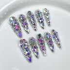 Crystal Rhinestone Press-On Nails | Full Diamond Luxury Nail Art with Multicolor Gems | Sparkly Party Nails for Red Carpet & New Year
