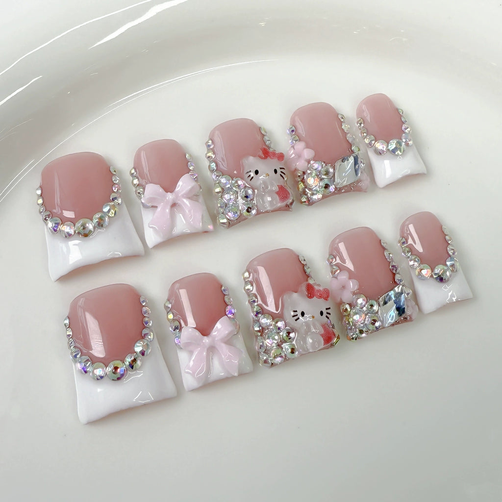 Hello Kitty 3D Press-On Nails | Pink Bow & White Flower Design | Sweet Cute Nail Art for Girls