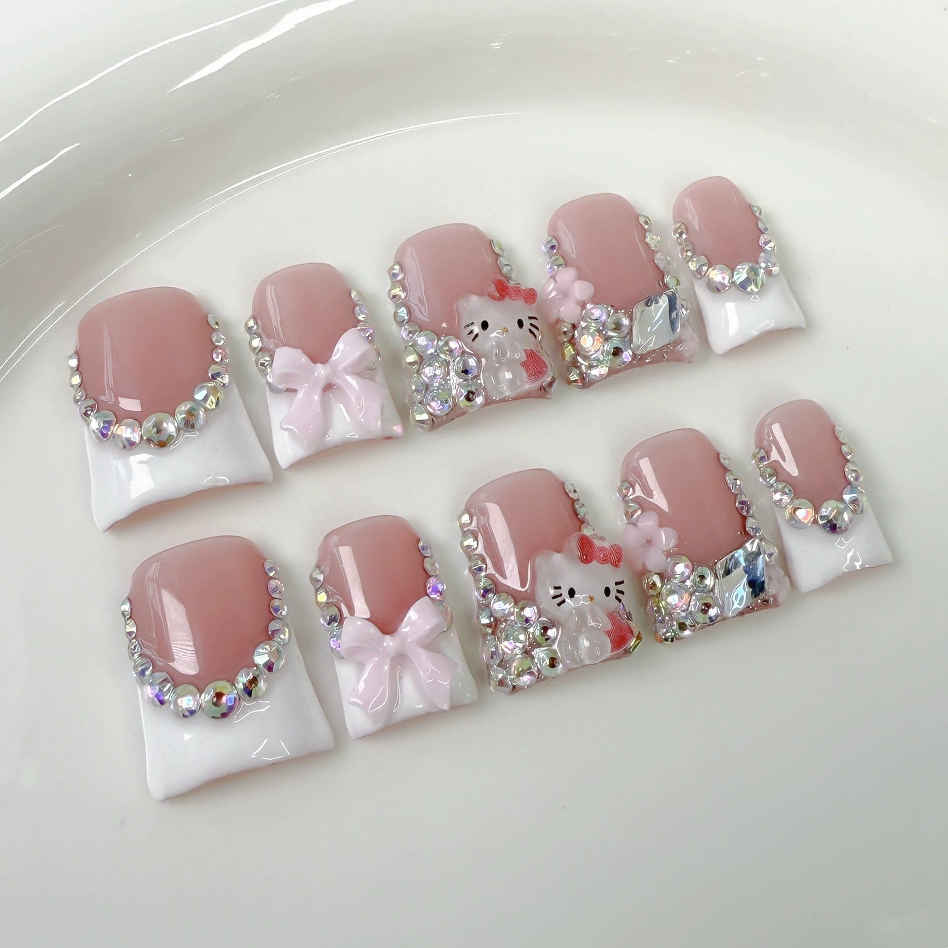 Hello Kitty 3D Press-On Nails | Pink Bow & White Flower Design | Sweet Cute Nail Art for Girls