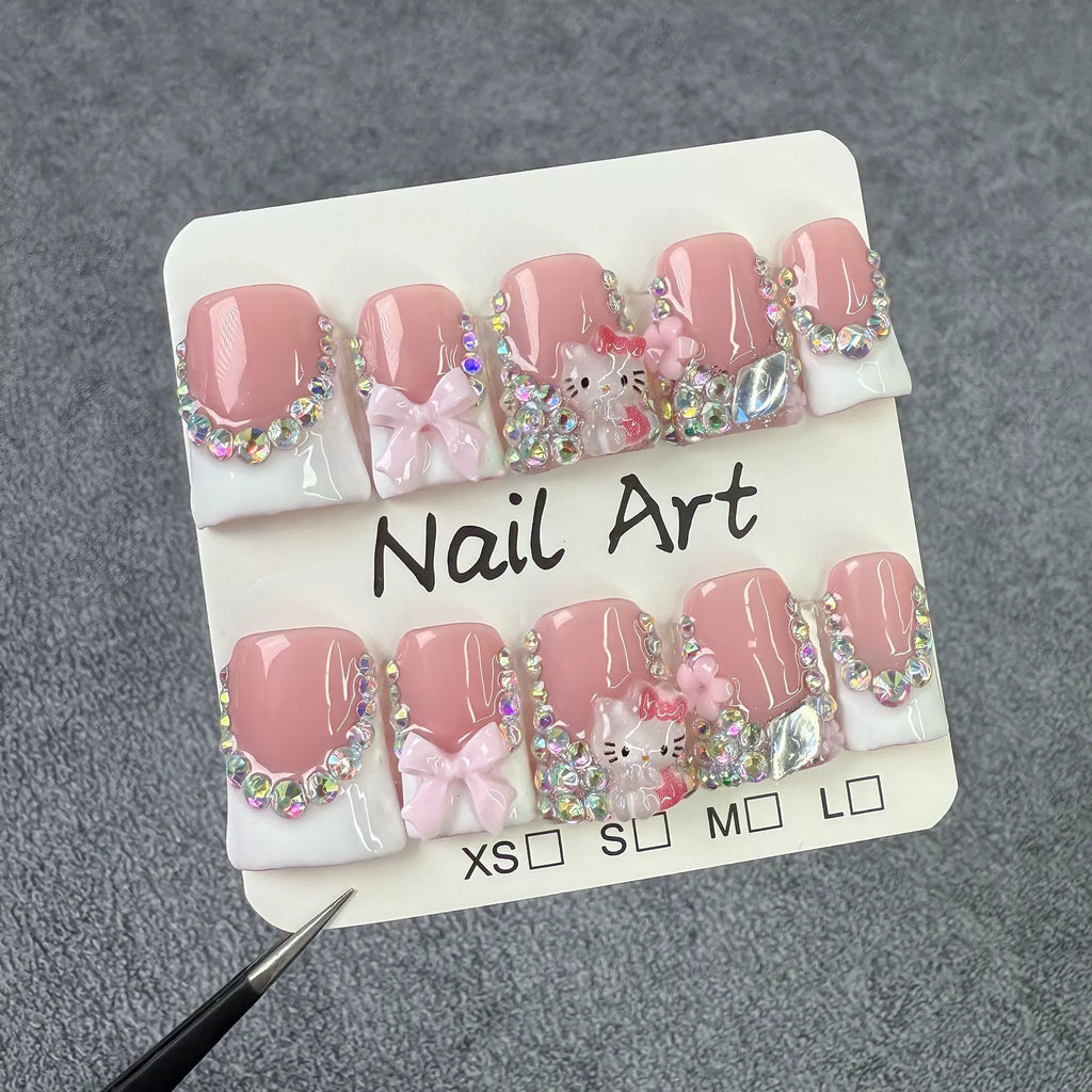 Hello Kitty 3D Press-On Nails | Pink Bow & White Flower Design | Sweet Cute Nail Art for Girls