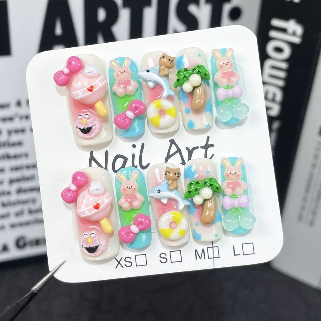3D Summer Cartoon Press-On Nails | Macaron Gradient Nail Art with Bunny, Bear, Dolphin & Lollipop | Fun Nails for Beach & Theme Park