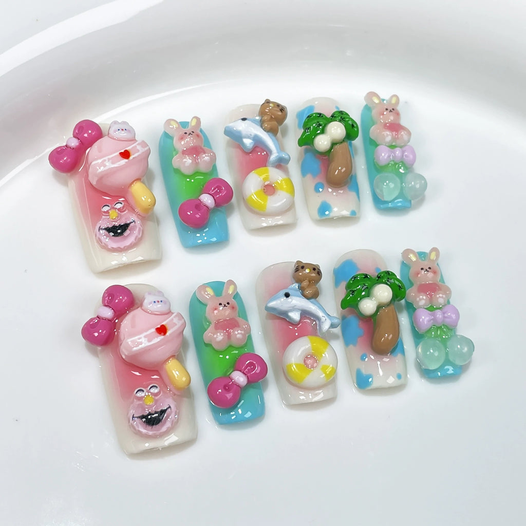 3D Summer Cartoon Press-On Nails | Macaron Gradient Nail Art with Bunny, Bear, Dolphin & Lollipop | Fun Nails for Beach & Theme Park