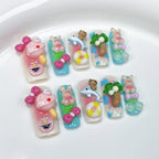 3D Summer Cartoon Press-On Nails | Macaron Gradient Nail Art with Bunny, Bear, Dolphin & Lollipop | Fun Nails for Beach & Theme Park