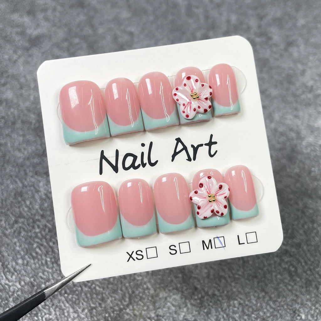 Mint Green & Nude Pink Gradient Press-On Nails | 3D Floral Garden Nail Art | Fresh Spring-Inspired Nails for Daily Wear & Picnics