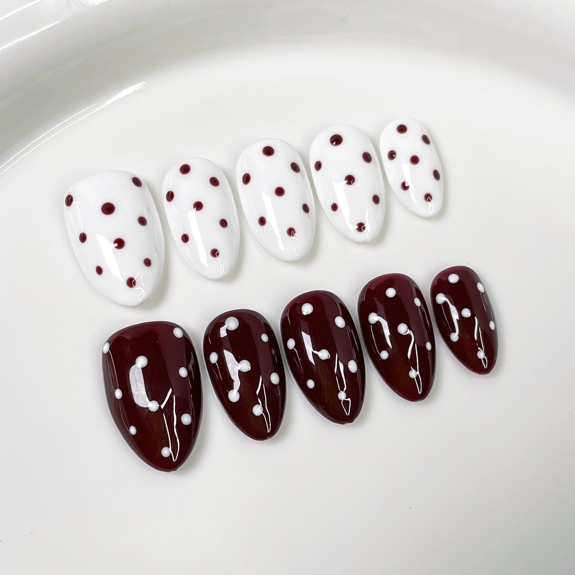 Retro French Polka Dot Press-On Nails | Wine Red & White Design | Elegant Vintage Nail Art for Daily Wear