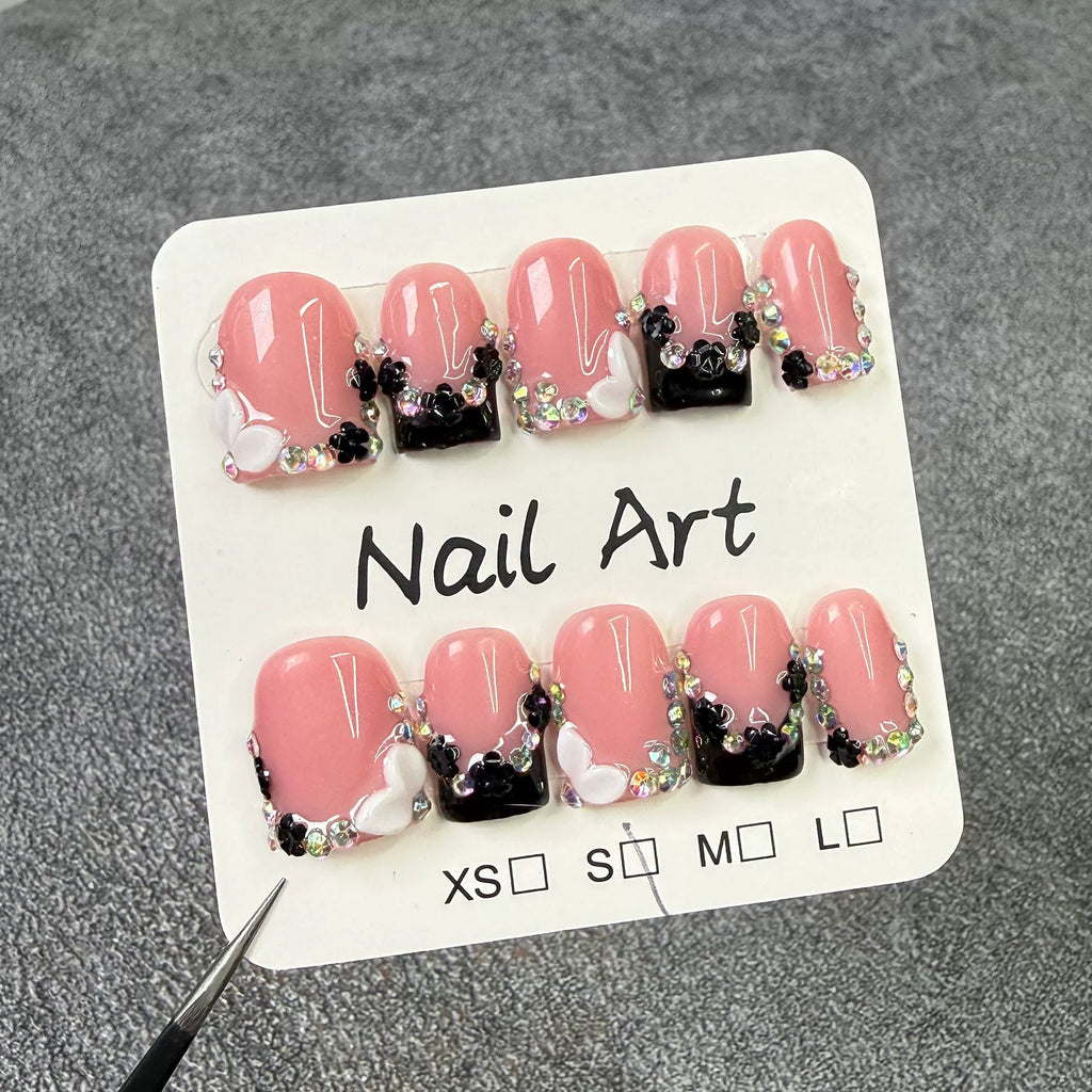 Nude Pink and Black Press-On Nails | 3D Heart & Flower Design | Sweet Cool Nail Art with Rhinestones