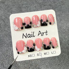 Nude Pink and Black Press-On Nails | 3D Heart & Flower Design | Sweet Cool Nail Art with Rhinestones