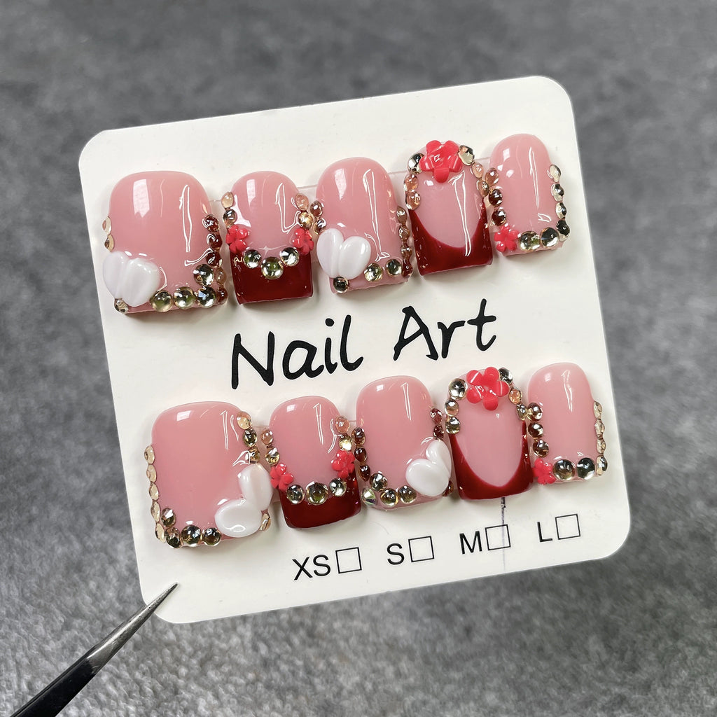 Burgundy & Nude Pink Press-On Nails | 3D Heart & Flower Nail Art | Sweet Punk Glam Nails with Rhinestone Accents