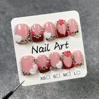 Burgundy & Nude Pink Press-On Nails | 3D Heart & Flower Nail Art | Sweet Punk Glam Nails with Rhinestone Accents