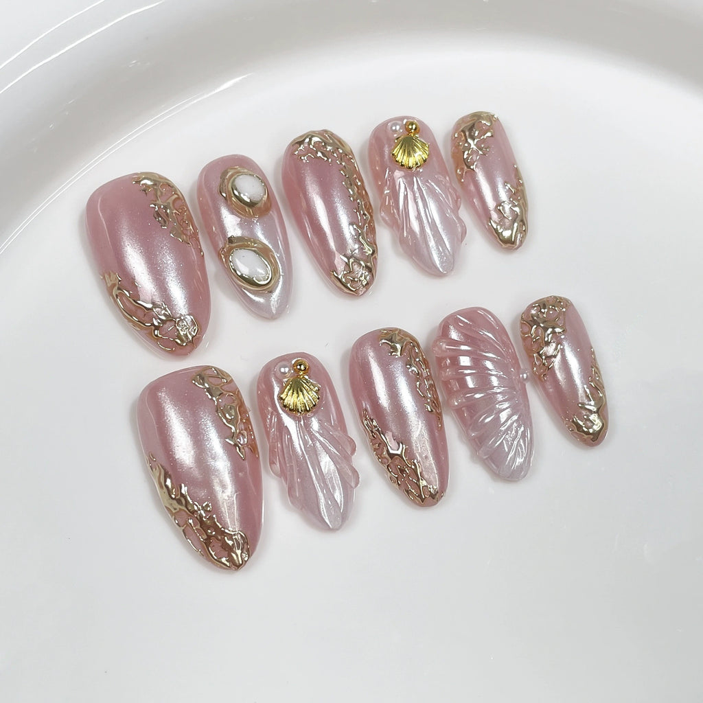 Pink Gold Pearl Seashell Nails – 3D Ocean-Inspired Almond Press-On Set