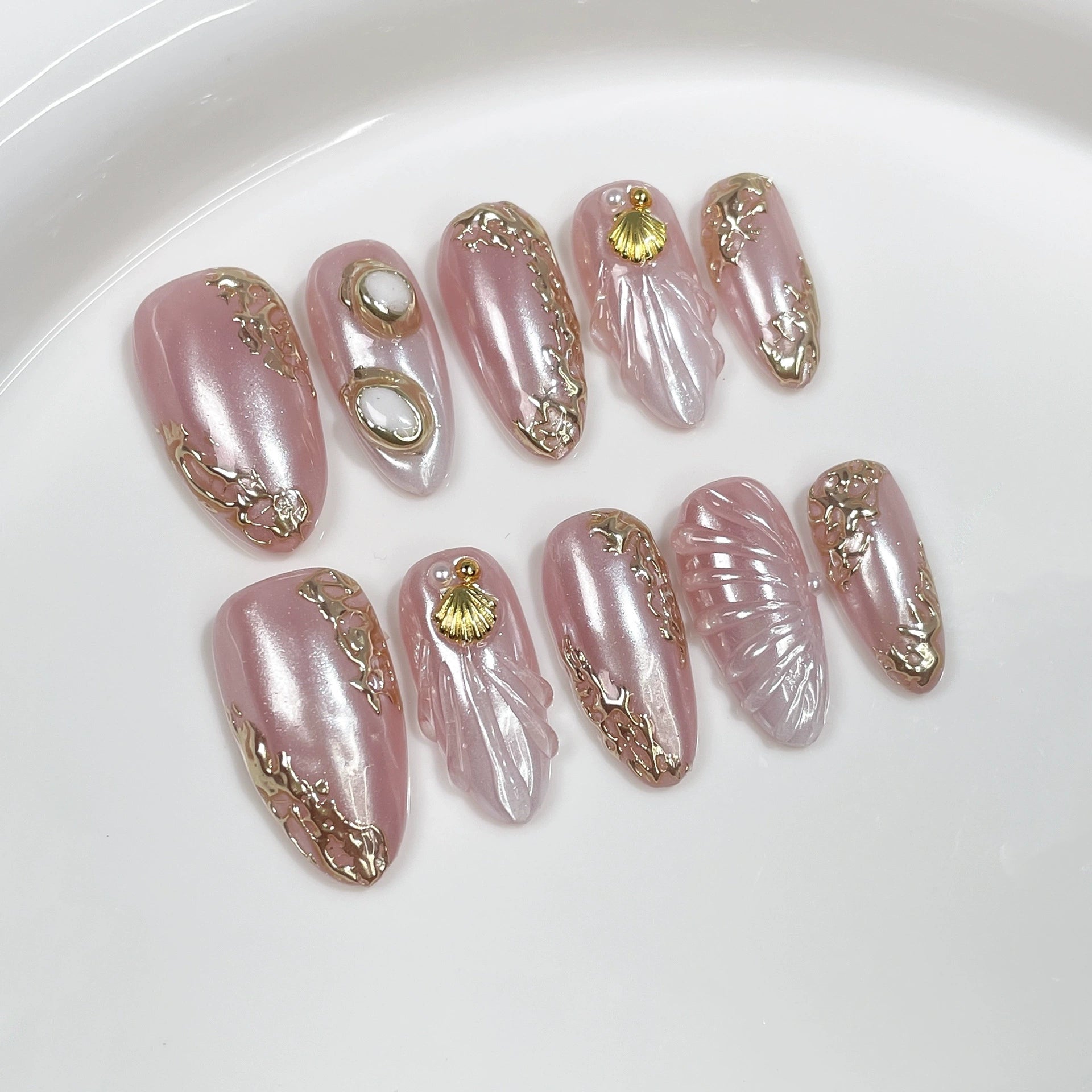 Pink Gold Pearl Seashell Nails – 3D Ocean-Inspired Almond Press-On Set