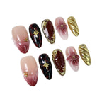 Floral & Leopard Textured Almond Nails – Pink Brown Gold Artistic Press-Ons
