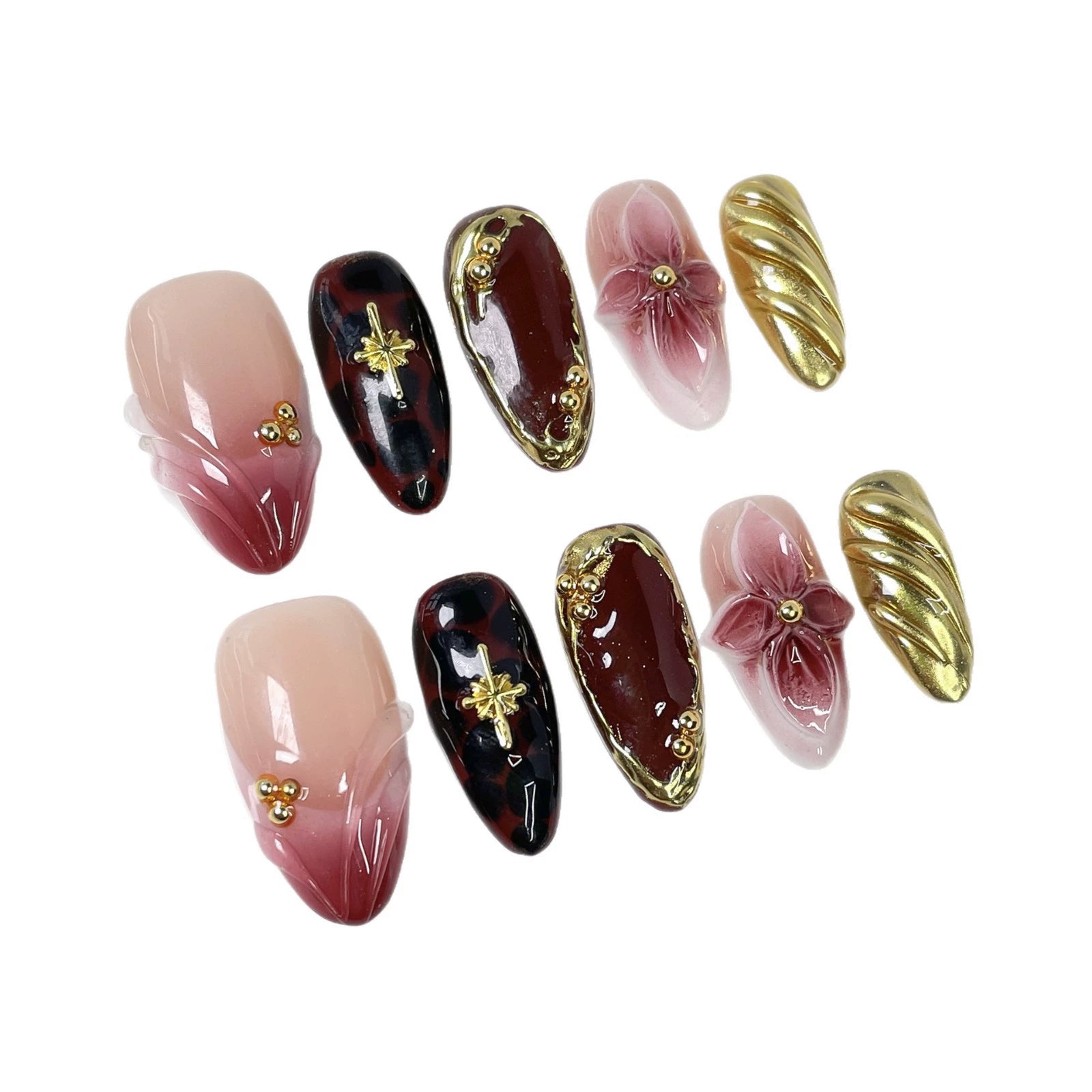 Floral & Leopard Textured Almond Nails – Pink Brown Gold Artistic Press-Ons
