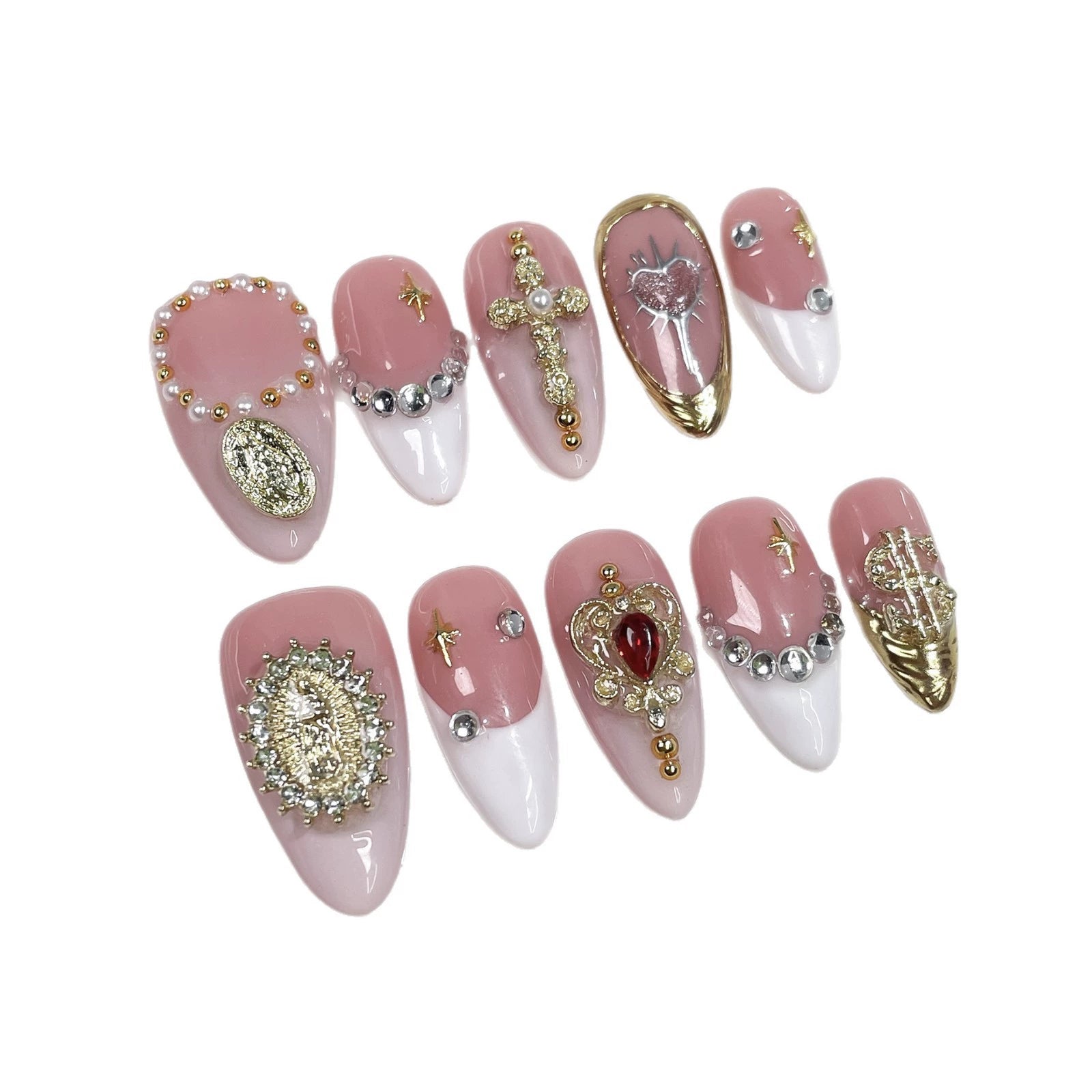 Pink–White Vintage Sacred Nails – Heavy Embellished Gold Cross Almond Press-On Set