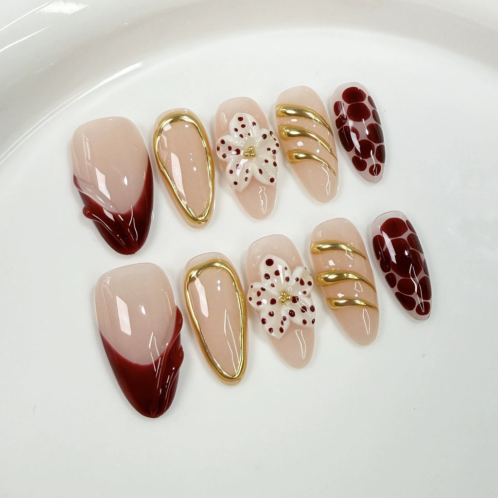 Nude Pink Burgundy Bloom Nails – Luxury 3D Gold-Accented Almond Set