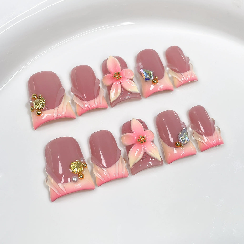 Forest Dream Gradient Nails | Pink Ombre with Flowers, Shells & Pearls | Romantic Elegant Nail Design