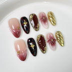 Floral & Leopard Textured Almond Nails – Pink Brown Gold Artistic Press-Ons