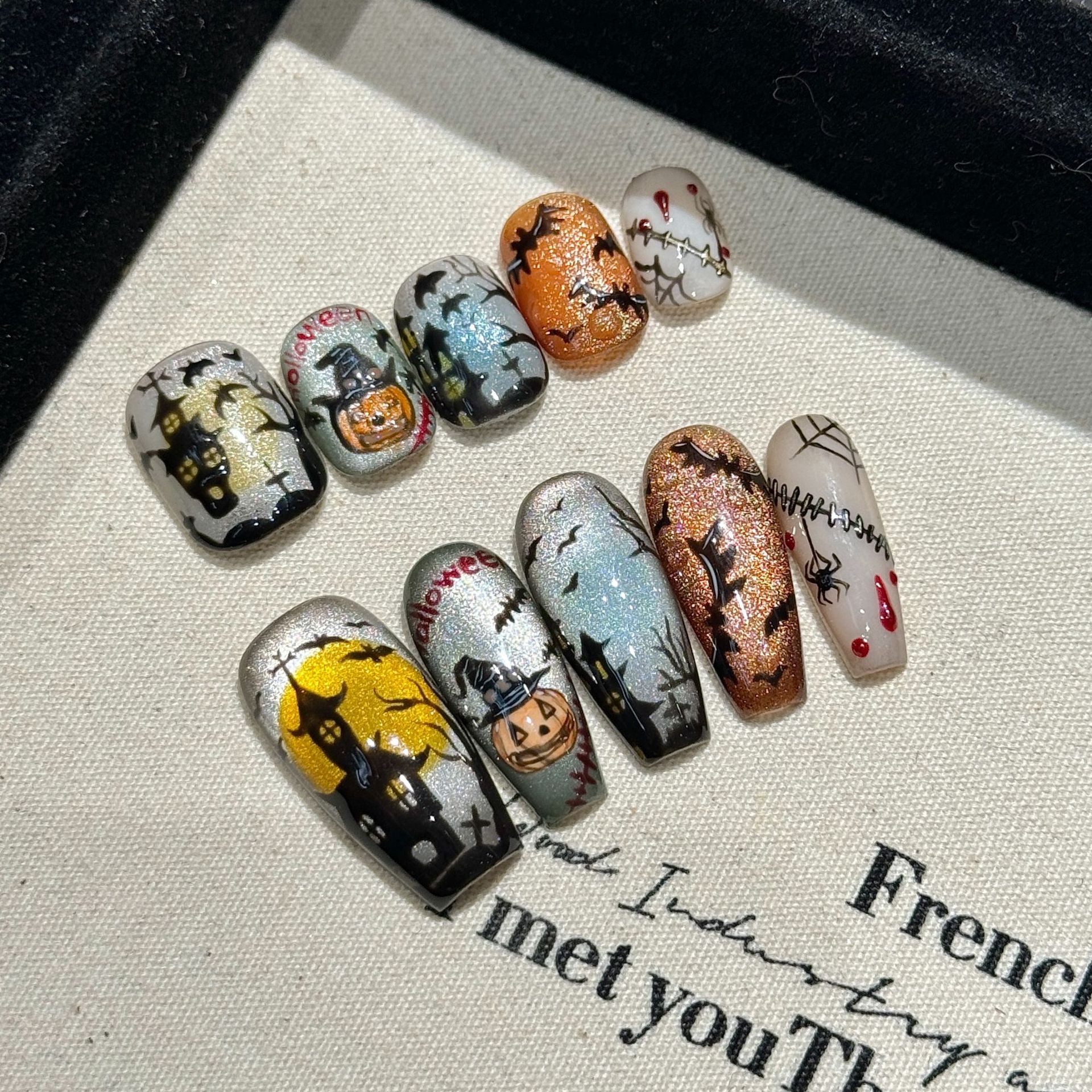 HALLOWEEN NAILS-TEN PIECES OF HANDCRAFTED PRESS ON NAIL